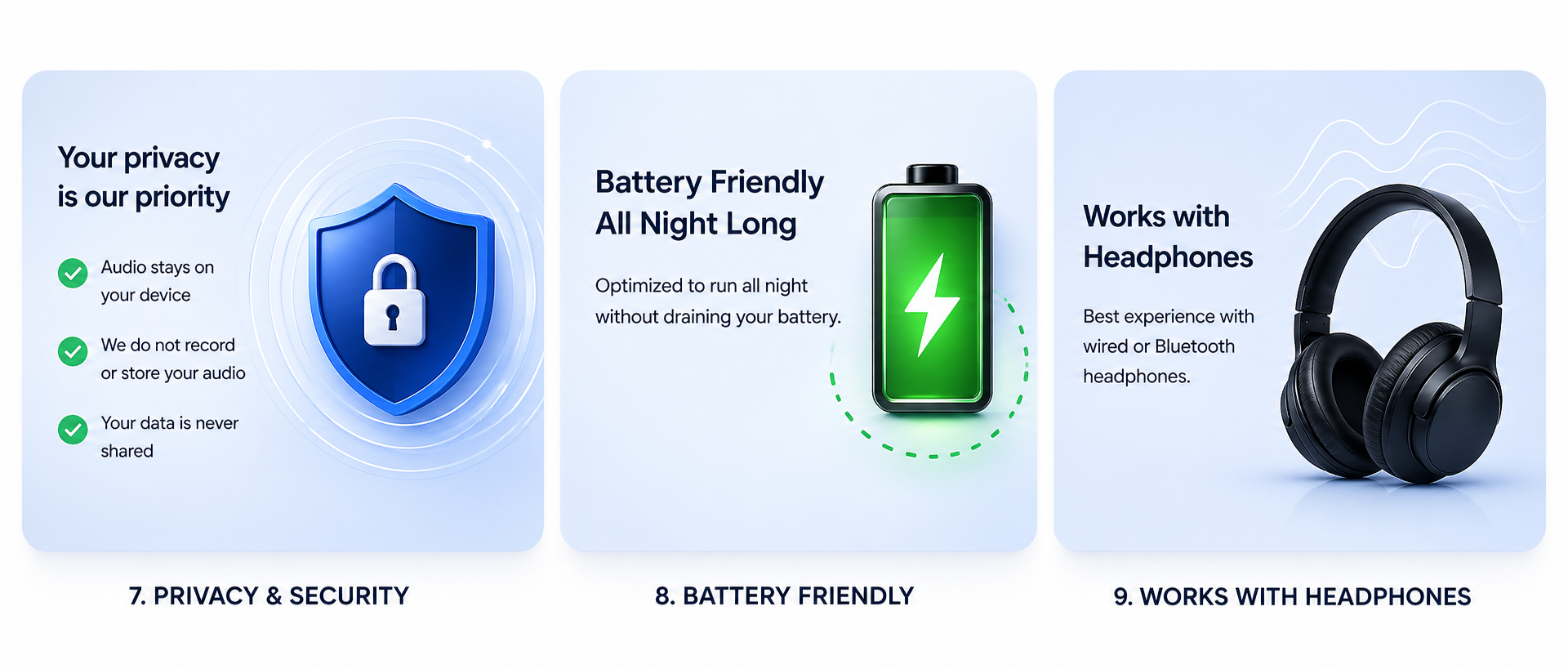 Your privacy is our priority · Battery Friendly All Night · Works with Headphones