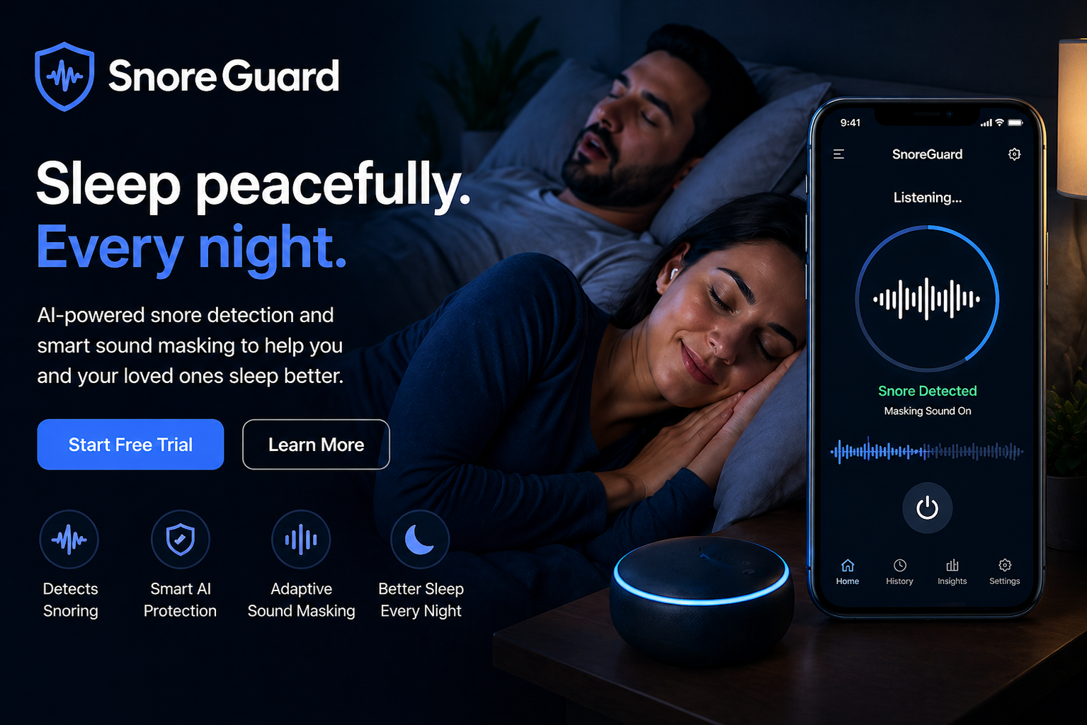 SnoreGuard AI app — couple sleeping peacefully with AI detection active