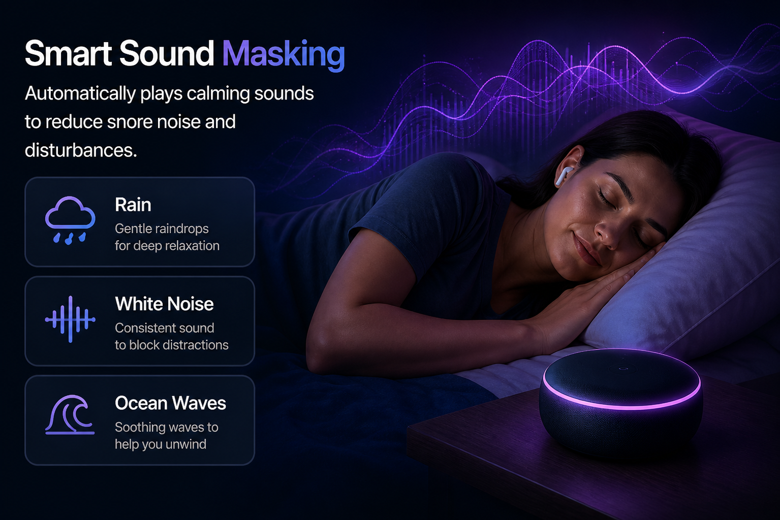 Smart Sound Masking — woman sleeping peacefully with earbuds